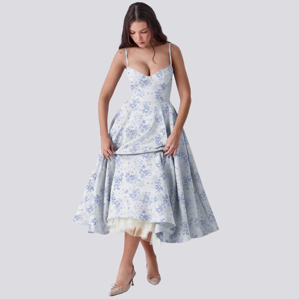 Bloemen A-Lijn Midi Jurk met Spaghettibandjes voor Dames - Bloemenblauw