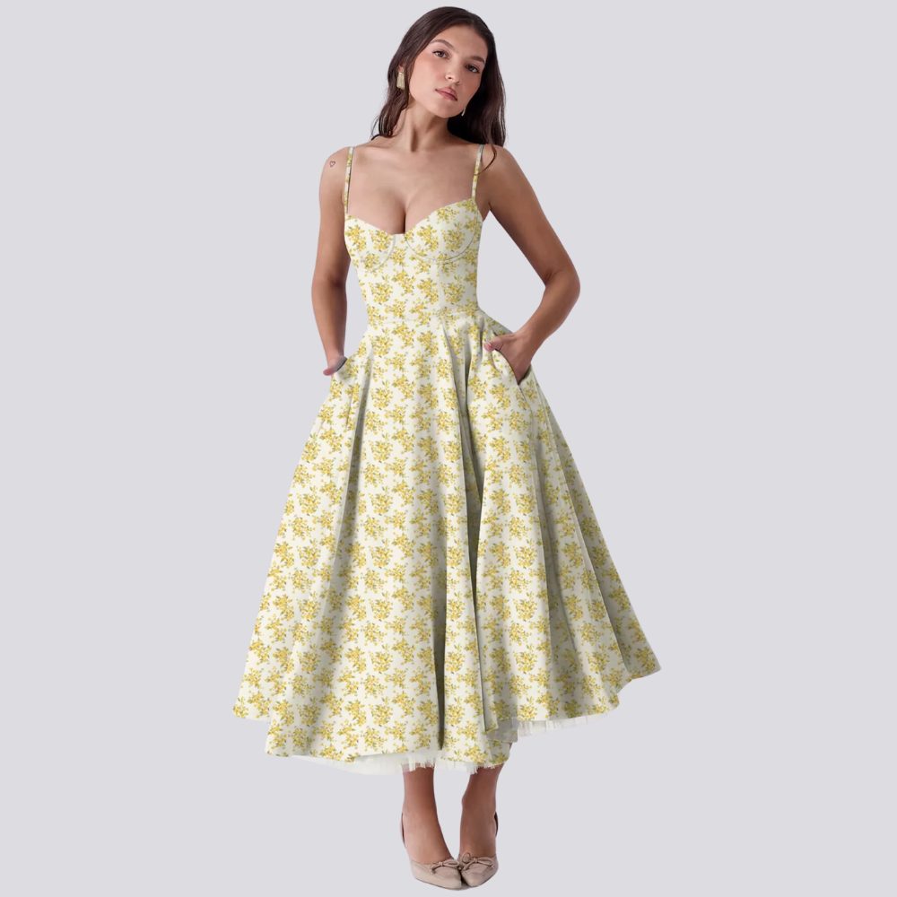Bloemen A-Lijn Midi Jurk met Spaghettibandjes voor Dames - Blauw/Geel