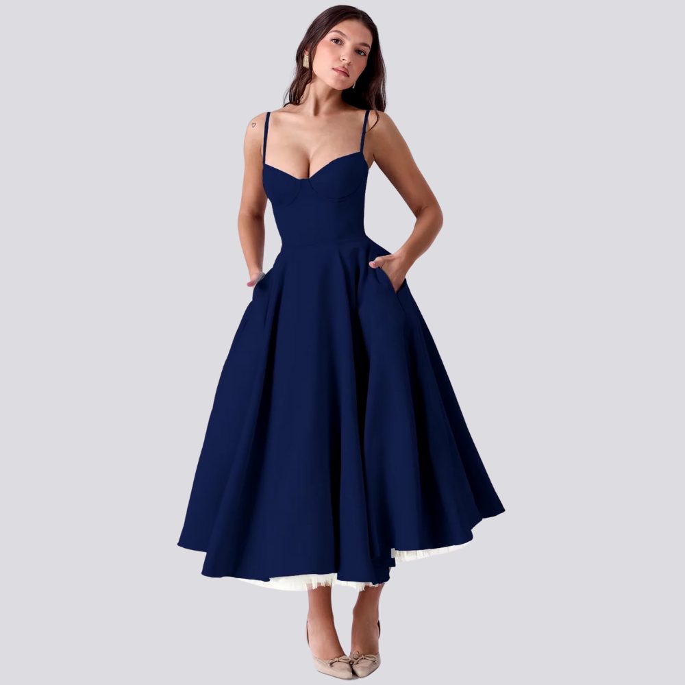 Bloemen A-Lijn Midi Jurk met Spaghettibandjes voor Dames - Marineblauw