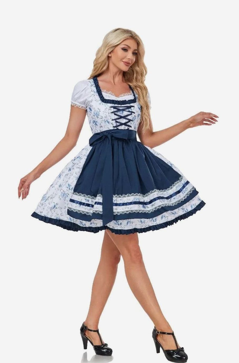 Bloemen Dirndl Jurkje met Korte Mouwen en Kantdetails voor Dames