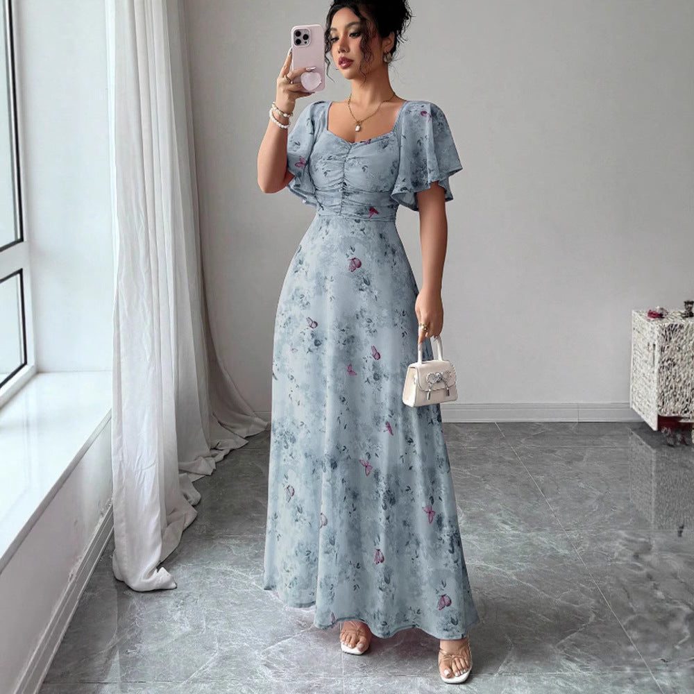 Bloemen Maxi Jurk met Korte Mouwen voor Dames - Donkerblauw