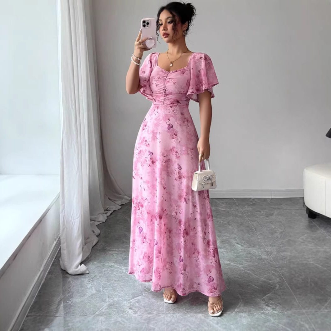 Bloemen Maxi Jurk met Korte Mouwen voor Dames