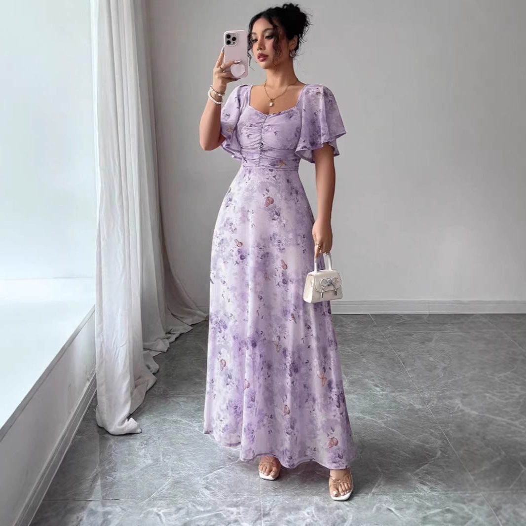 Bloemen Maxi Jurk met Korte Mouwen voor Dames