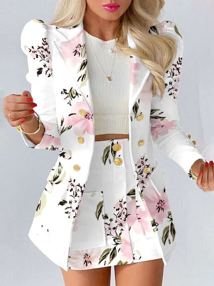 Bloemenblazer en Rok Outfit Set voor Dames - Wit bloemen