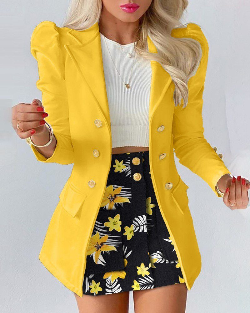 Bloemenblazer en Rok Outfit Set voor Dames - Geel