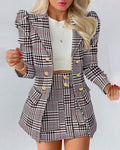 Bloemenblazer en Rok Outfit Set voor Dames - Zwart plaid