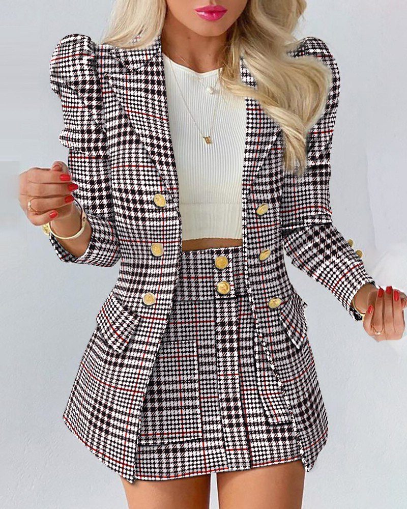 Bloemenblazer en Rok Outfit Set voor Dames - Zwart plaid