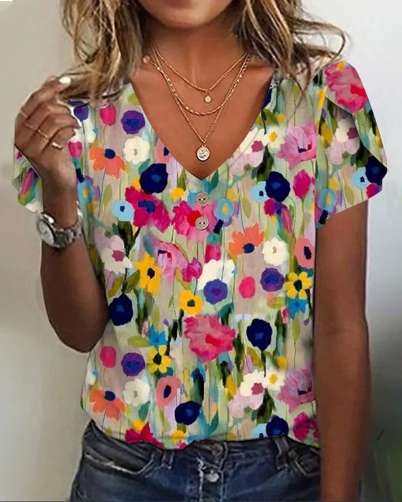 Bloemenjurk met V-Hals en Korte Mouwen voor Dames - Multicolor