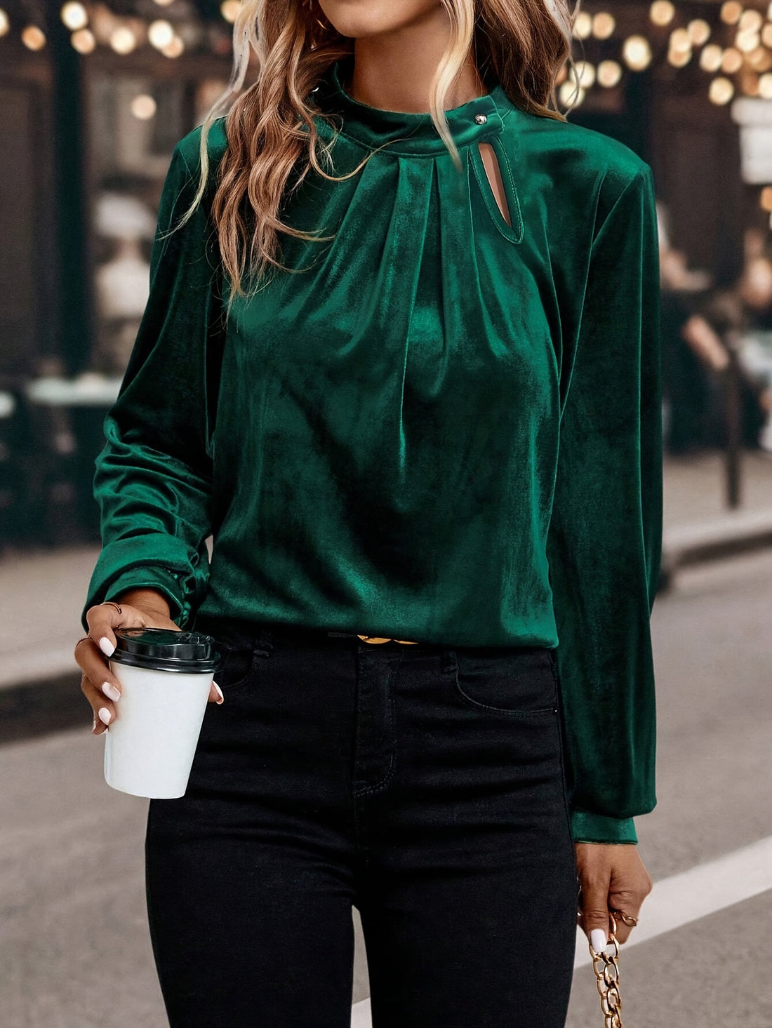 Fluwelen Top met Plooi Kraag en Sleutelgathals voor Dames