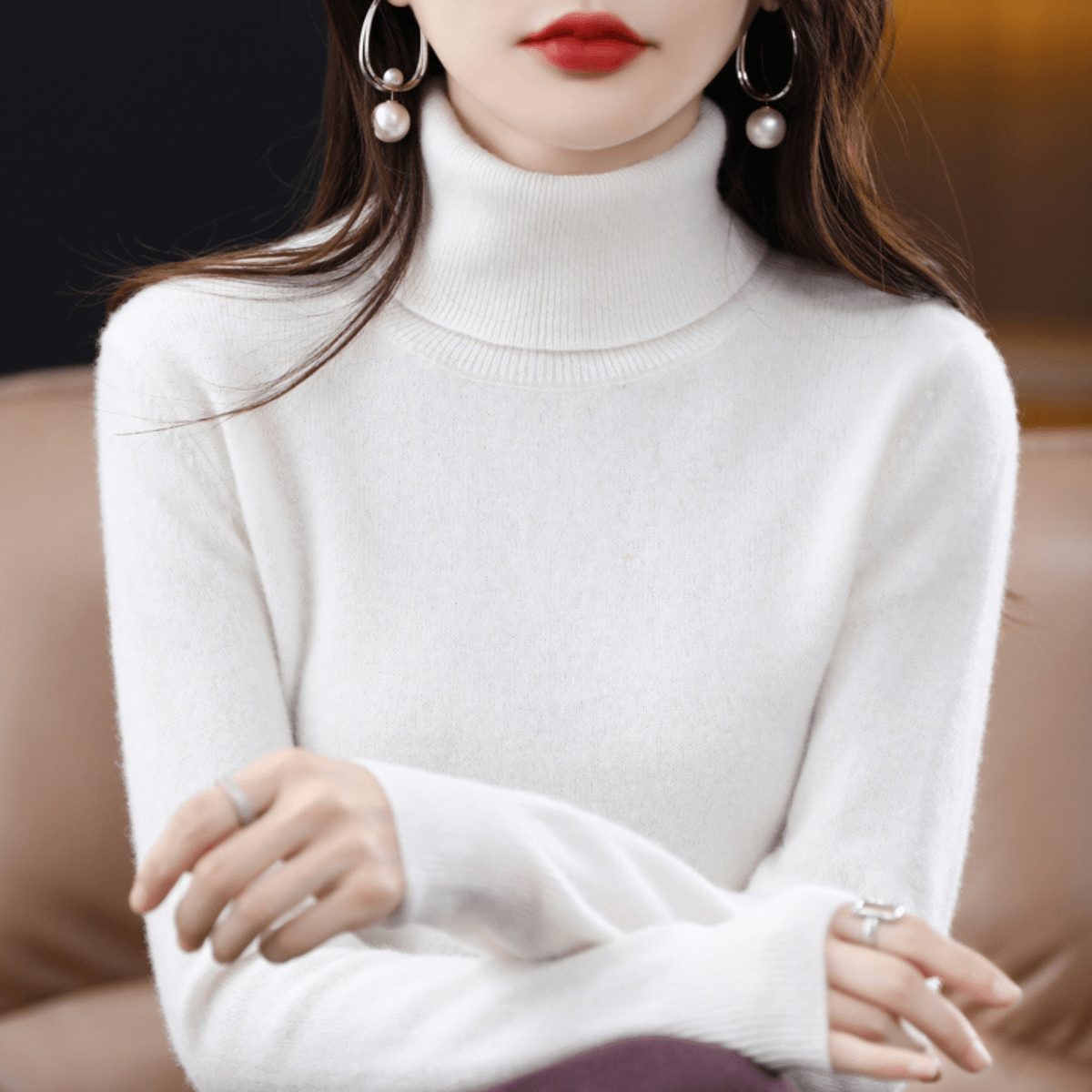 Cashmere Opstaande Kraag Trui voor Dames - White