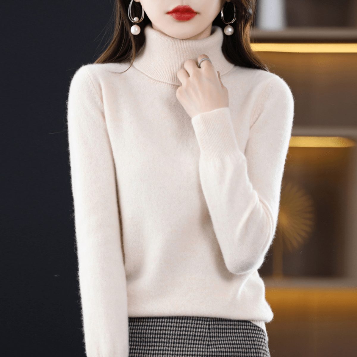 Cashmere Opstaande Kraag Trui voor Dames - Cream