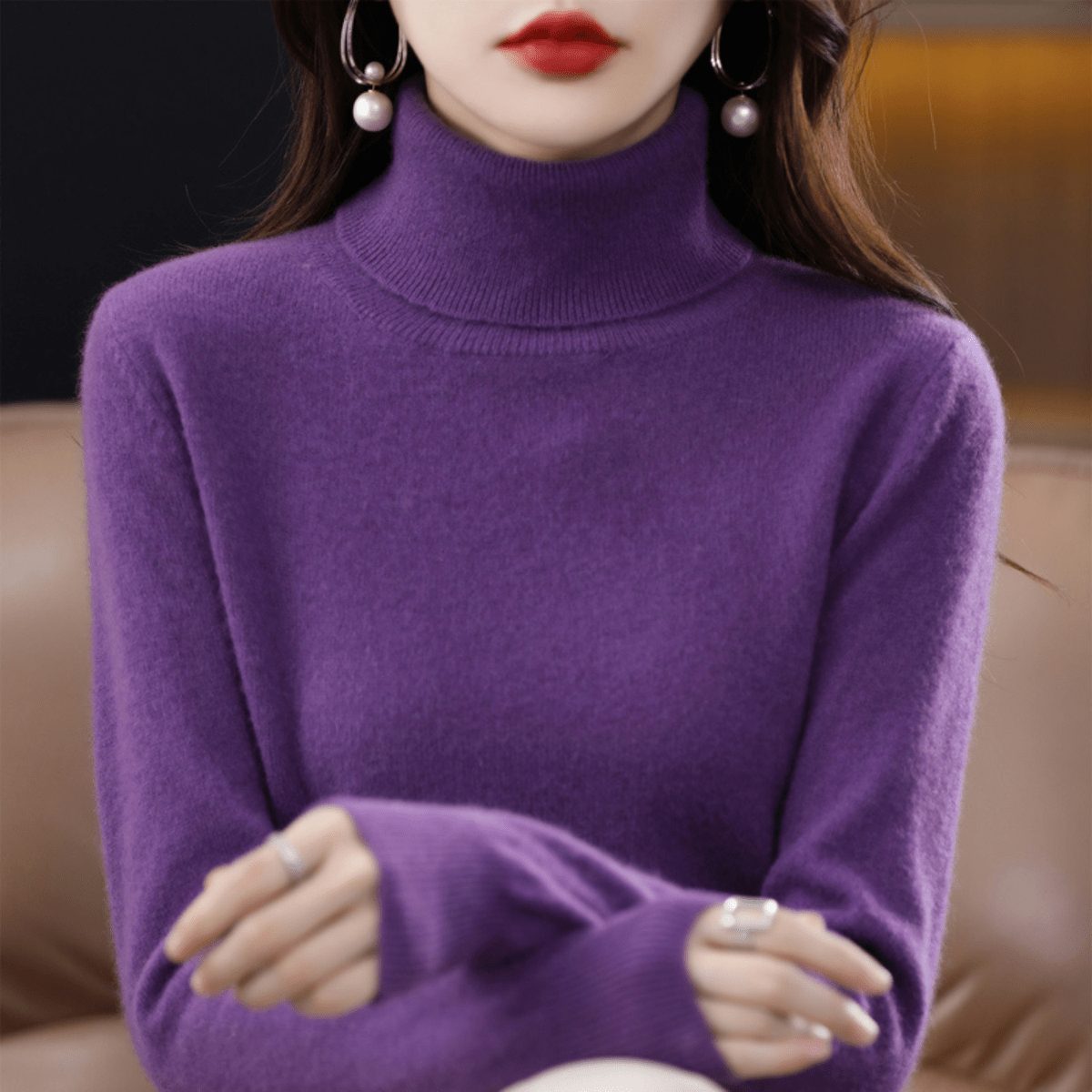 Cashmere Opstaande Kraag Trui voor Dames - Purple
