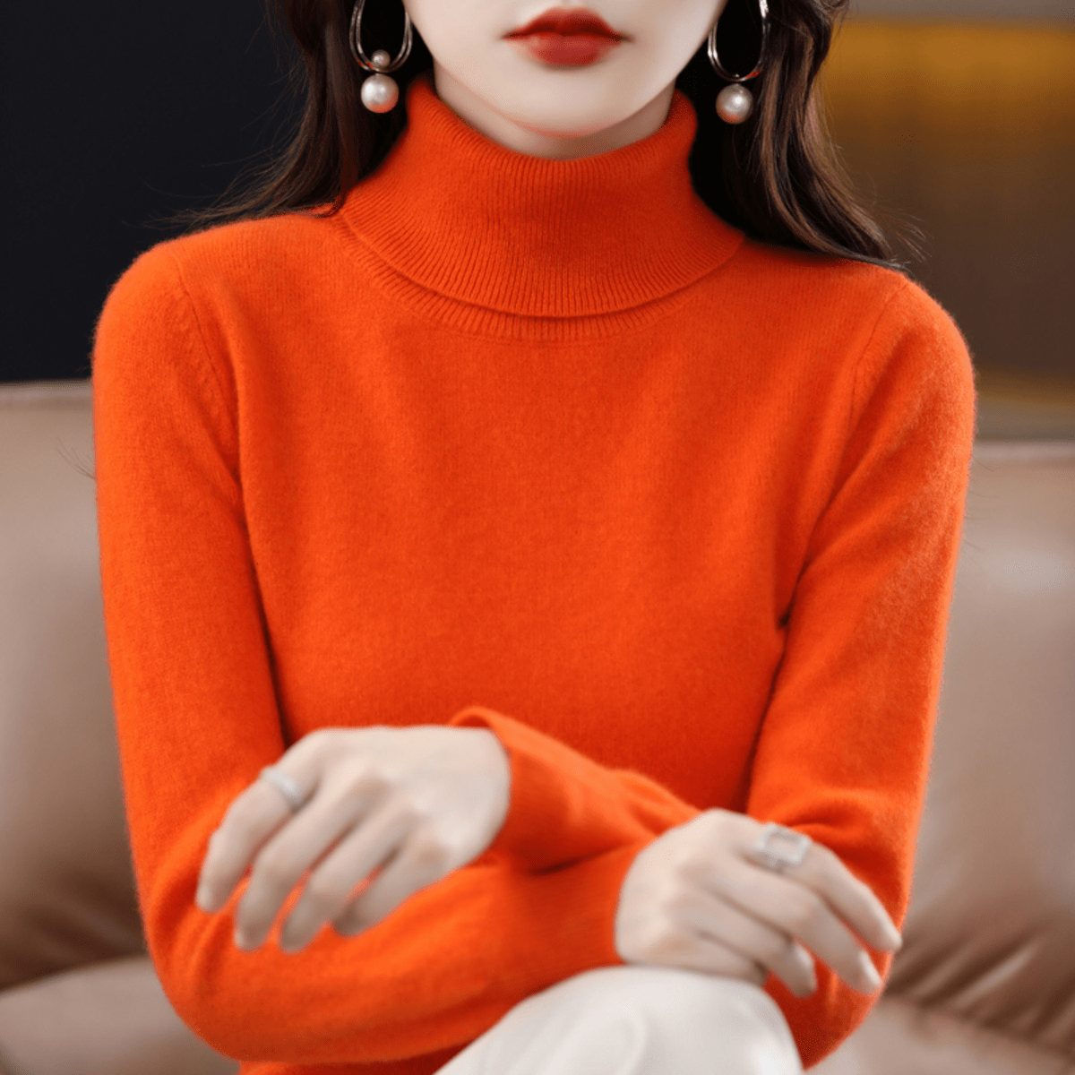 Cashmere Opstaande Kraag Trui voor Dames - Orange