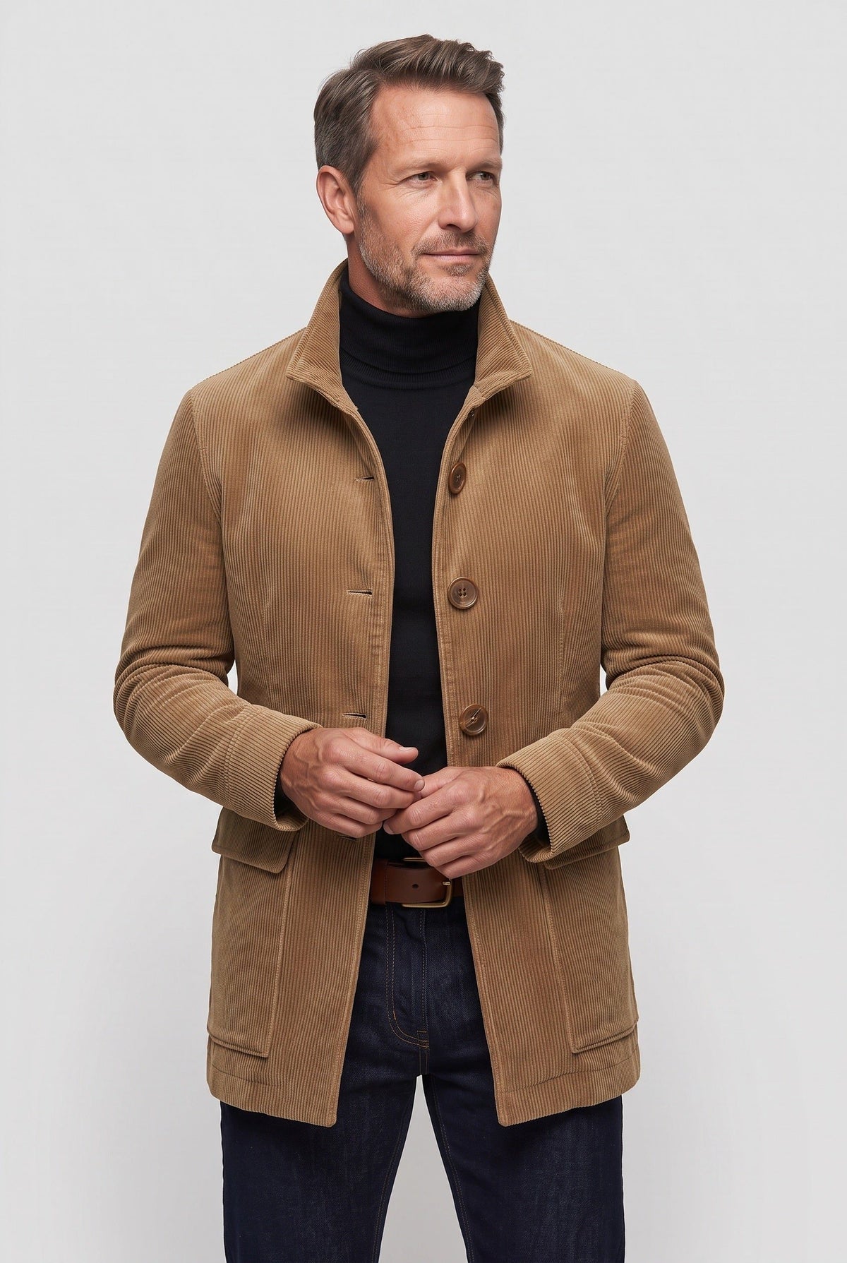 Corduroy Jas met Opstaande Kraag voor Heren - Lichtbruin