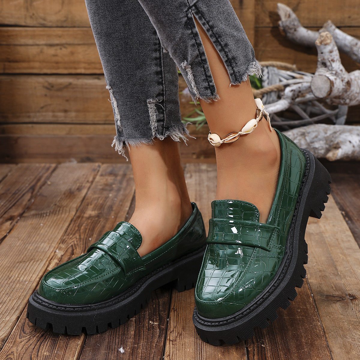 Crocodile Loafers met Lug Sole voor Dames - Groen