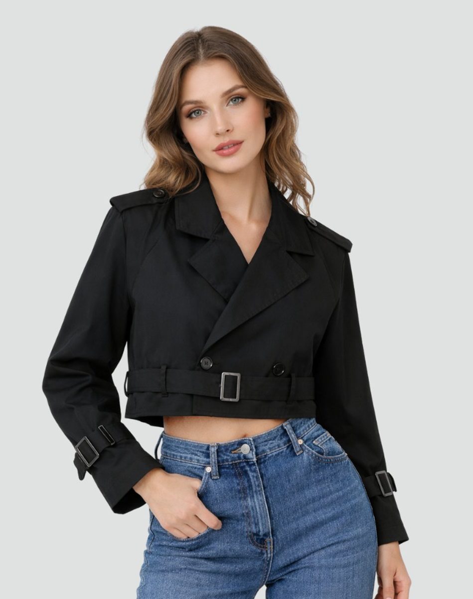 Cropped Doppelrijige Trenchcoat met Riem voor Dames - View 10