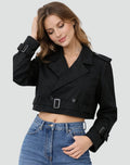 Cropped Doppelrijige Trenchcoat met Riem voor Dames - Zwart