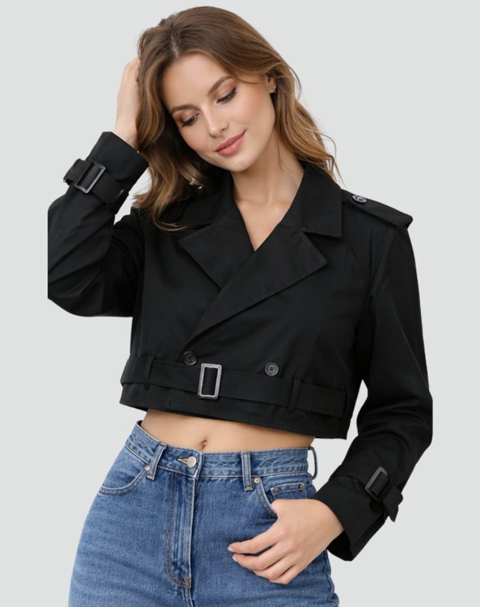 Cropped Doppelrijige Trenchcoat met Riem voor Dames - Zwart