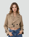 Cropped Doppelrijige Trenchcoat met Riem voor Dames - Bruin