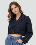 Cropped Doppelrijige Trenchcoat met Riem voor Dames - Marineblauw