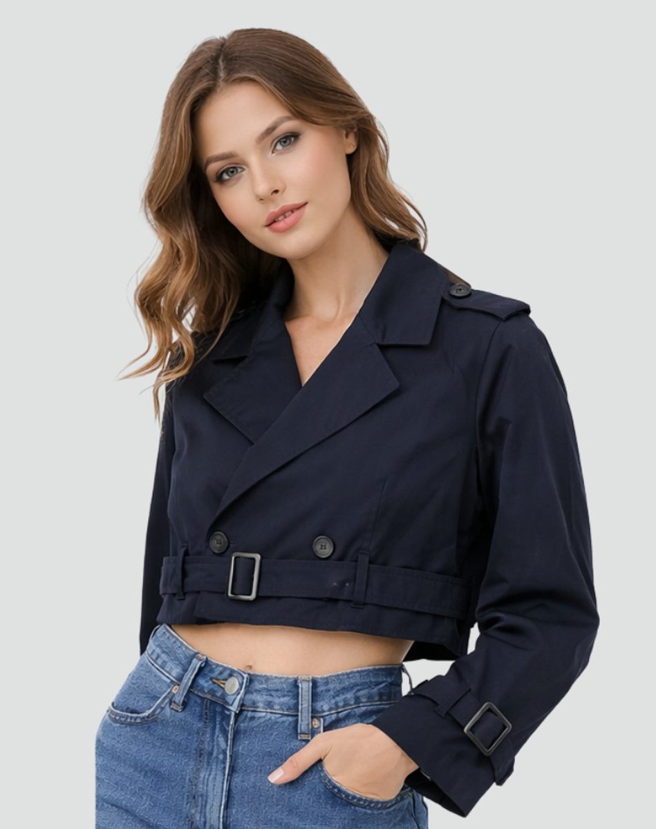 Cropped Doppelrijige Trenchcoat met Riem voor Dames - Marineblauw
