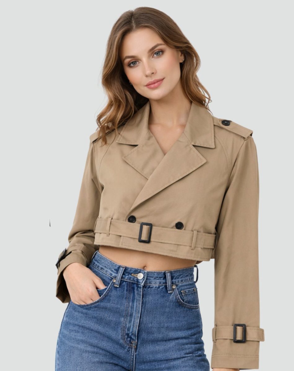 Cropped Doppelrijige Trenchcoat met Riem voor Dames - View 6
