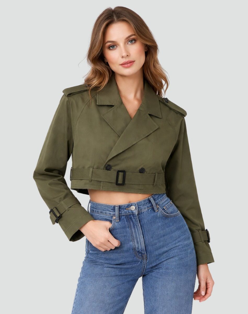 Cropped Doppelrijige Trenchcoat met Riem voor Dames - View 7