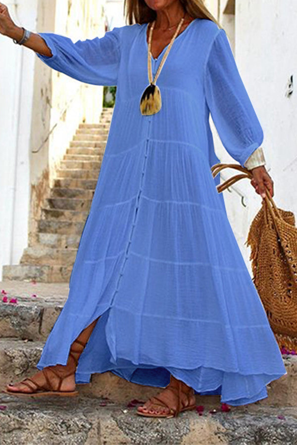Linnen Button-Up Maxi Jurk met Tiered Volants voor Dames