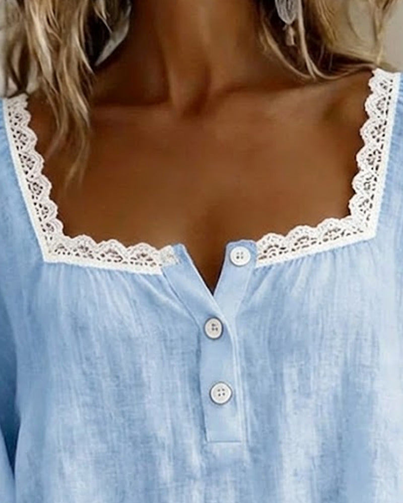 Kantblouse met Vierkante Hals en Pofmouwen voor Dames