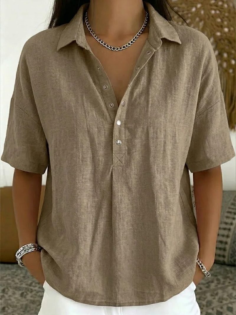 Denim Blouse met V-Hals en Knoopsluiting voor Dames