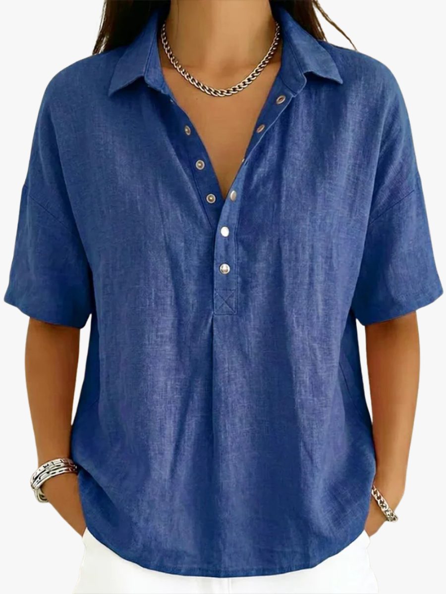 Denim Blouse met V-Hals en Knoopsluiting voor Dames