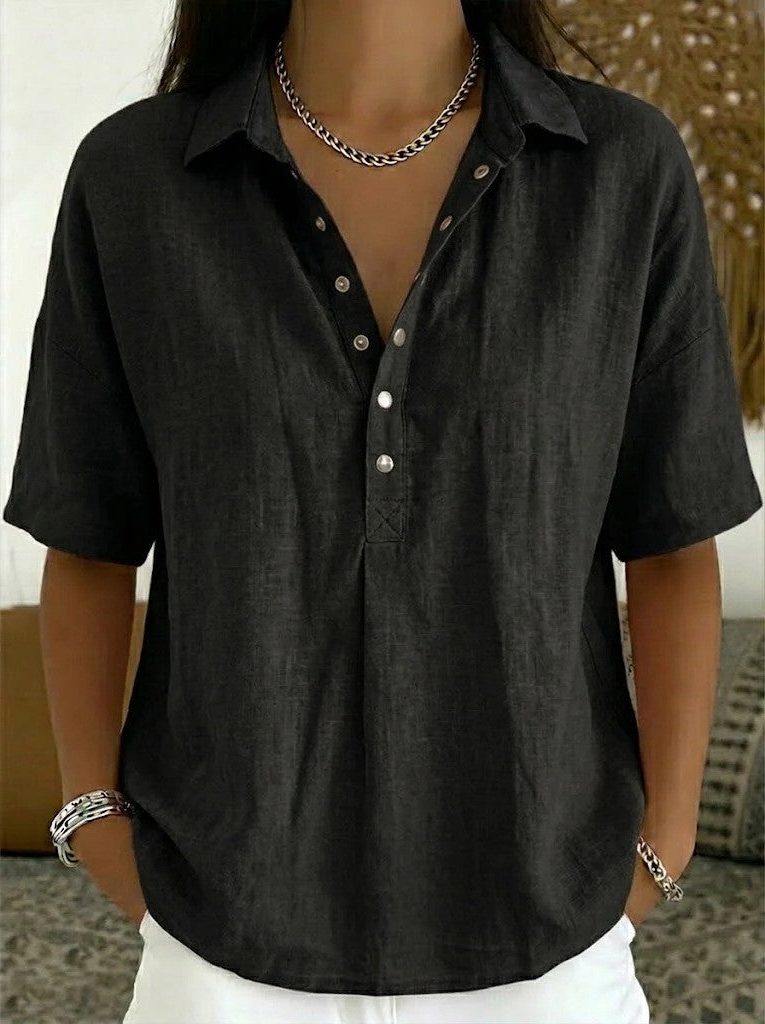 Denim Blouse met V-Hals en Knoopsluiting voor Dames - Zwart