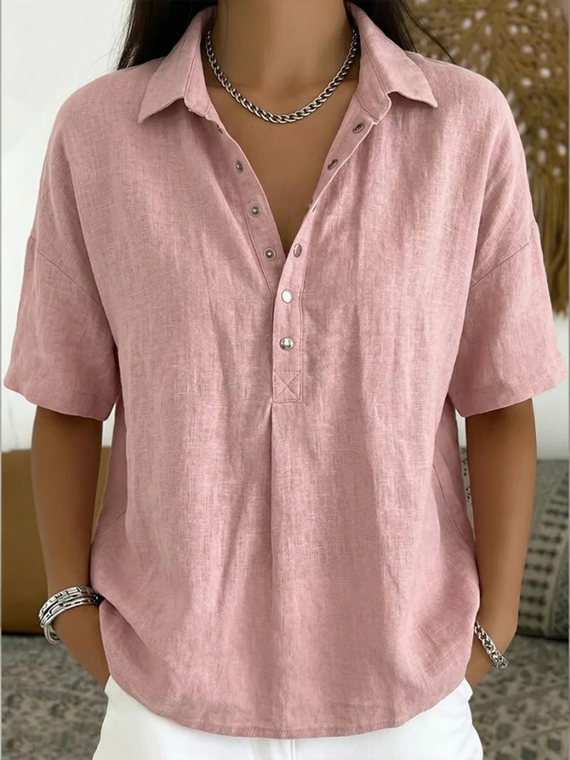 Denim Blouse met V-Hals en Knoopsluiting voor Dames - Roze