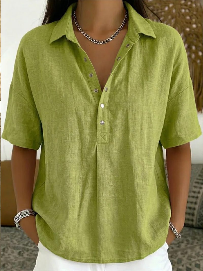 Denim Blouse met V-Hals en Knoopsluiting voor Dames - Groen