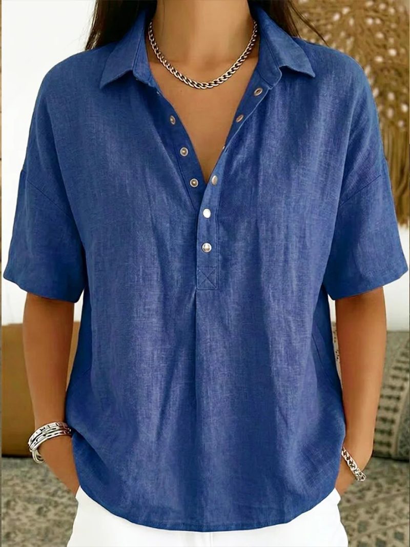 Denim Blouse met V-Hals en Knoopsluiting voor Dames - Blauw
