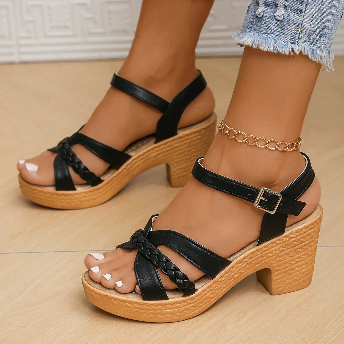 Gevlochten Blokhak Sandalen met Plateauzool voor Dames