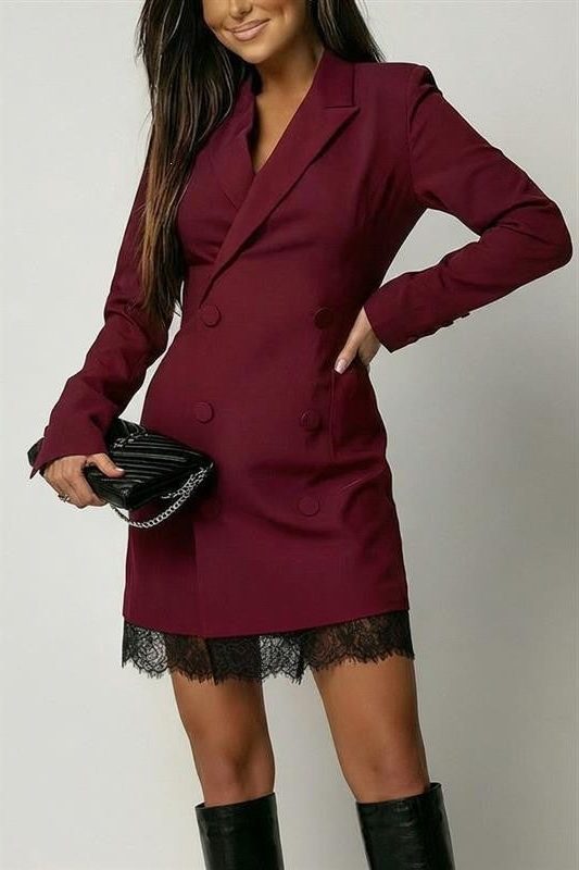 Double-Breasted Kant Blazer Jurk voor Dames - Weinrot
