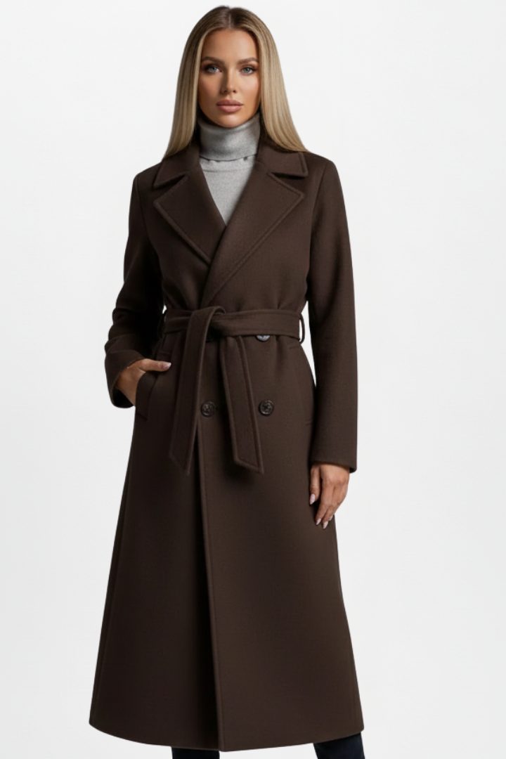 Dubbel Geregen Trenchcoat met Riemlus voor Dames - Chocolade