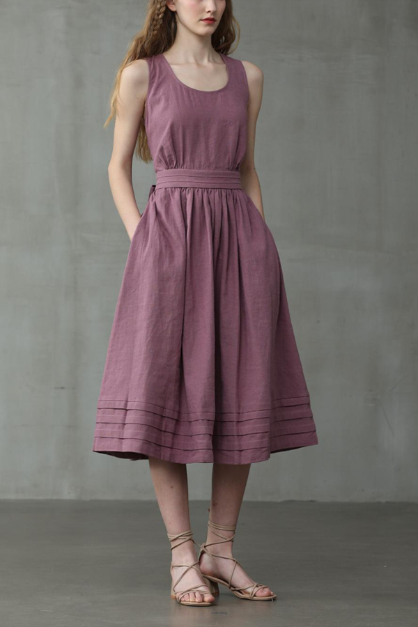 Linnen Mouwloze Maxi Jurk met Ronde Hals voor Dames