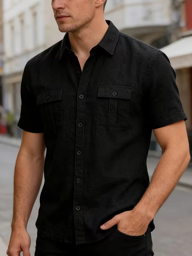 Linnen Korte Mouw Overhemd met Borstzakken voor Heren