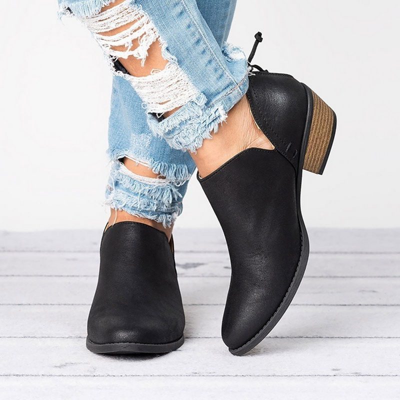 Enkellaarzen met Cut-Out en Blokhak voor Dames - Zwart