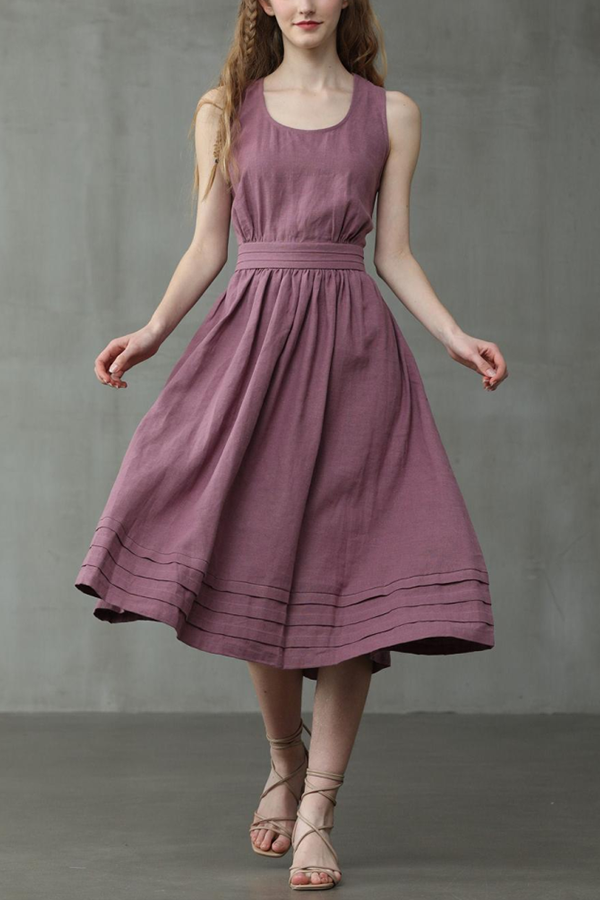 Linnen Mouwloze Maxi Jurk met Ronde Hals voor Dames