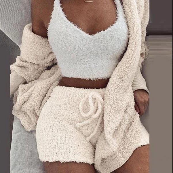 Fleece Gebreide Set met Crop Top en Korte Broek voor Dames - Wit