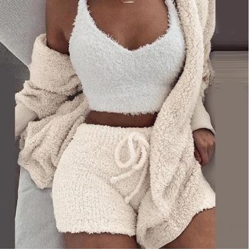 Fleece Gebreide Set met Crop Top en Korte Broek voor Dames - View 9