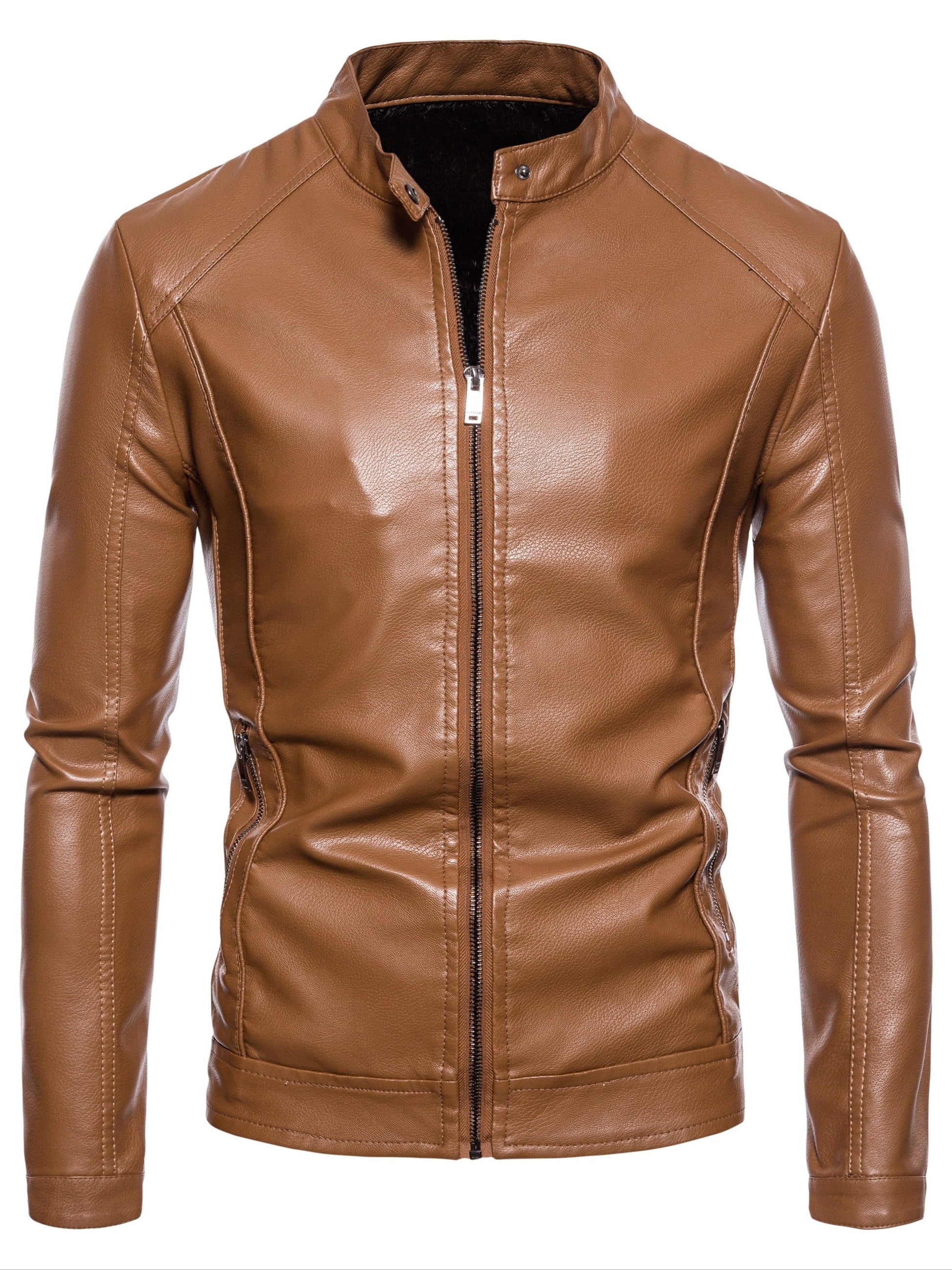 Fleece Gevoerde Leren Jas met Opstaande Kraag voor Heren - View 8