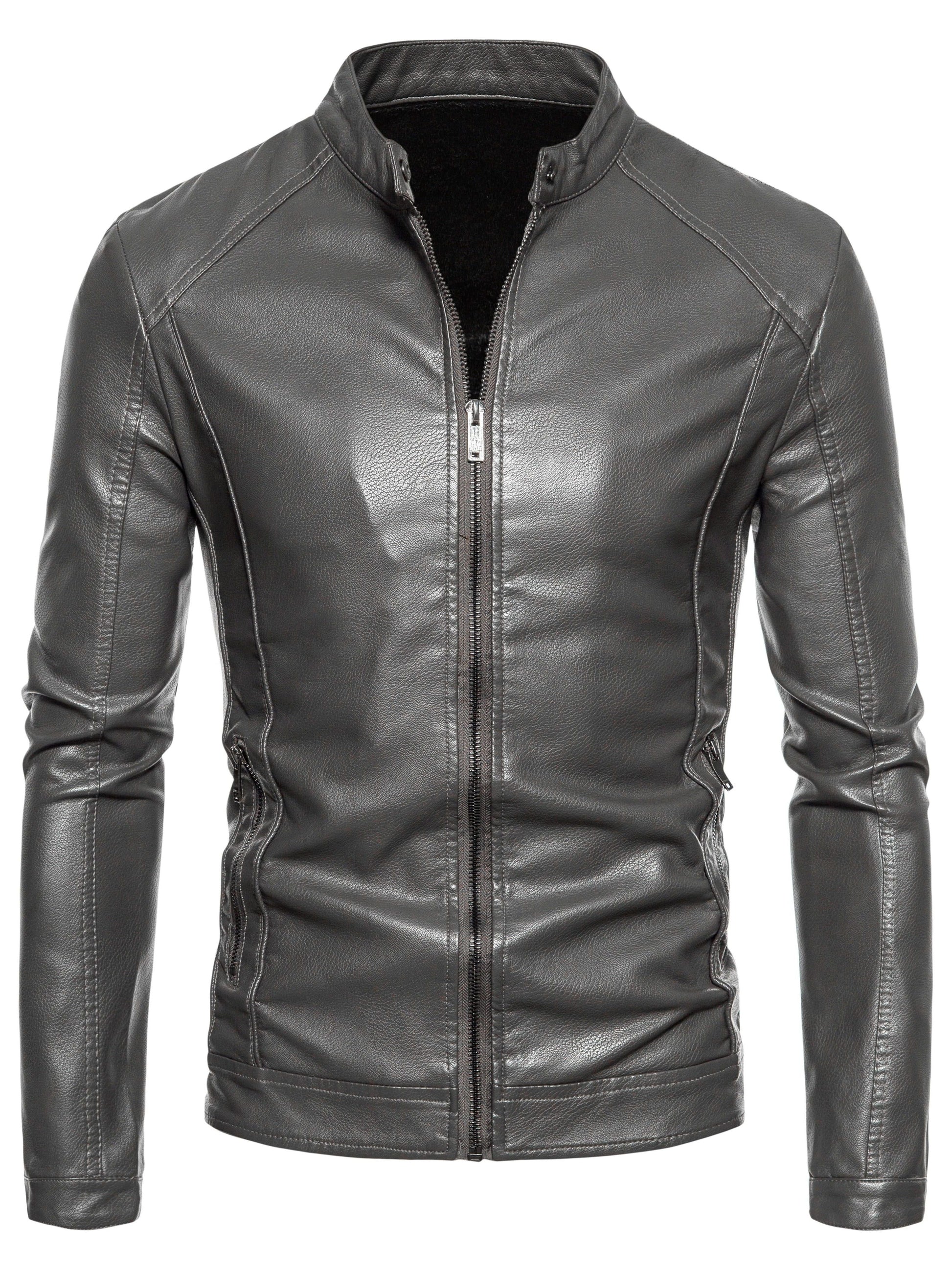 Fleece Gevoerde Leren Jas met Opstaande Kraag voor Heren - View 9