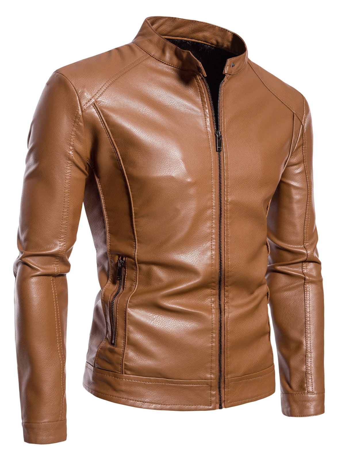 Fleece Gevoerde Leren Jas met Opstaande Kraag voor Heren - View 2