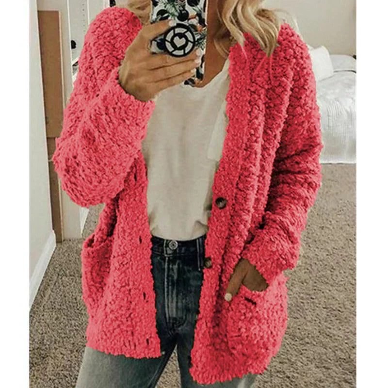 Fluffy Cardigan met Zakken voor Dames - Roze