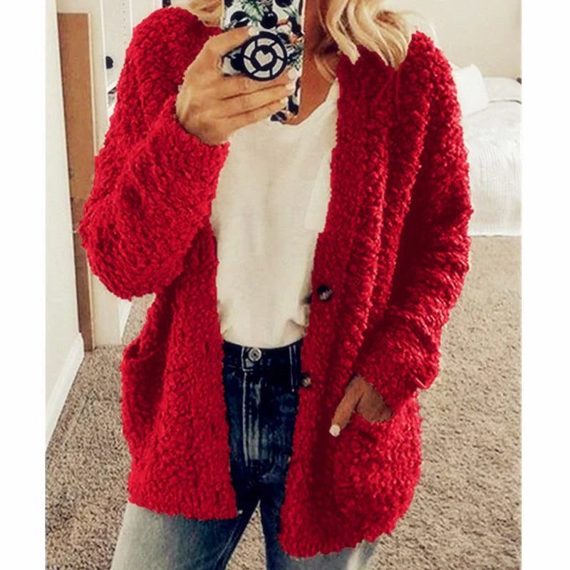 Fluffy Cardigan met Zakken voor Dames - Rood