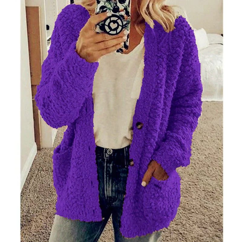 Fluffy Cardigan met Zakken voor Dames - Lila
